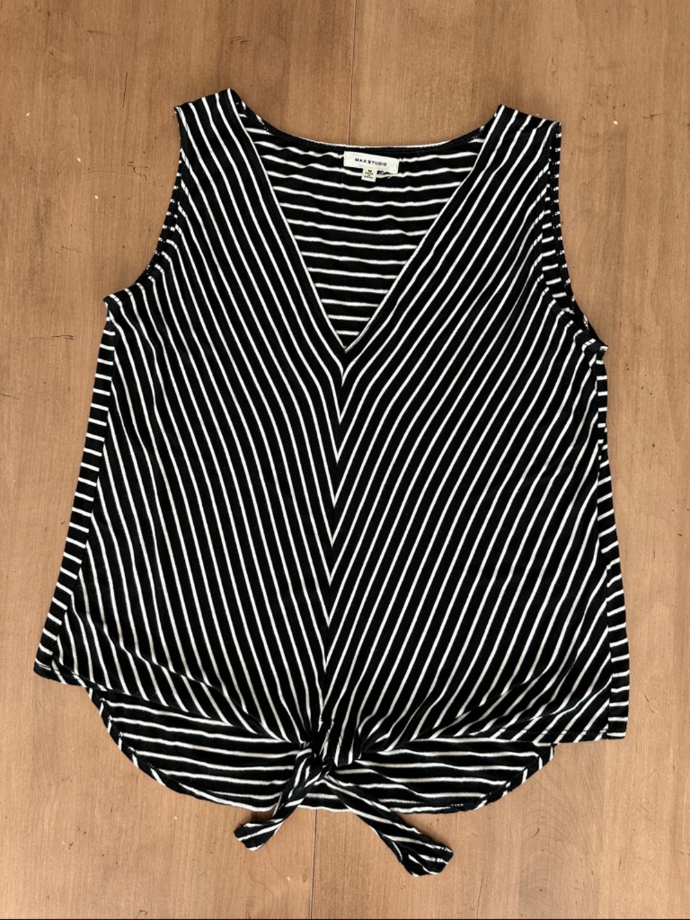 Max Studio Black and White Striped V-Neck Tie-Front Tank